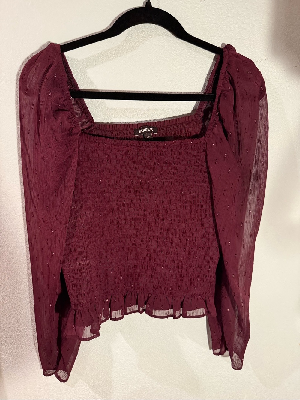 Express Women's Burgundy Smocked Square-Neck Blouse with Puff Sleeves
